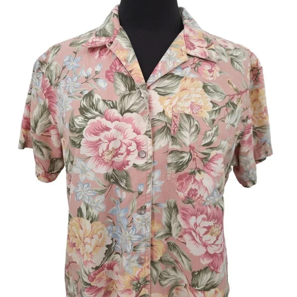 VTG 90s Lizwear Pink Floral Pearl Snap Shirt Size M Short Sleeves Cotton Yellow - Picture 3 of 8